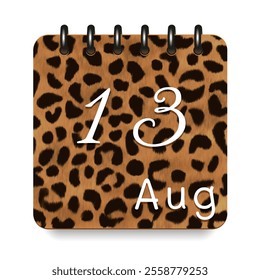 August. Leopard print calendar daily icon. White letters. Date day week Sunday, Monday, Tuesday, Wednesday, Thursday, Friday, Saturday.