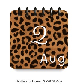 August. Leopard print calendar daily icon. White letters. Date day week Sunday, Monday, Tuesday, Wednesday, Thursday, Friday, Saturday.