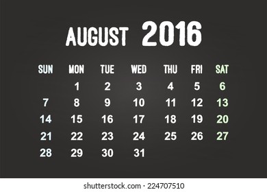August Month 2016 Calendar On Blackboard