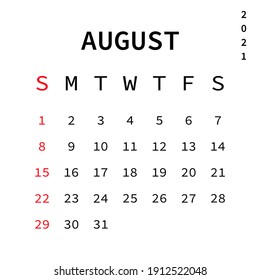 Calendario del mes de agosto de 2021. EPS vectorial 10. Aislado sobre fondo blanco