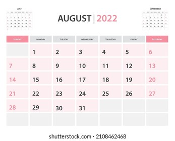 August month, Calendar 2022 template vector on pink background, Desk calendar 2022 layout, Wall calendar design, week start on Sunday, planner