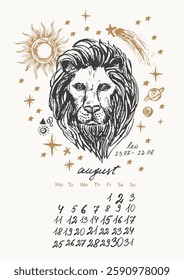 August month calendar with hand drawn leo zodiac signs illustration, planets, sun, moon, stars. Horoscope background, astrology planner in black and gold colors.