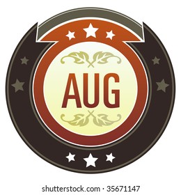 August month calendar icon on round red and brown imperial vector button with star accents suitable for use on website, in print and promotional materials, and for advertising.
