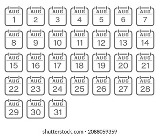 Agosto es un mes con números. Un conjunto de hojas de calendario para un sitio web, aplicaciones, scrapbooking y diseño creativo. Un contorno vacío. Diseño plano.