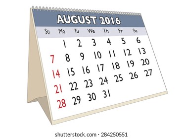 August Month Year 16 Calendar English Stock Vector Royalty Free