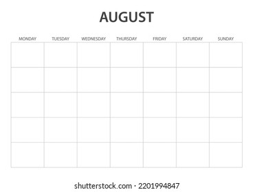 August Monthly Blank Calendar printable
