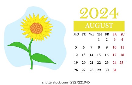 August Monthly calendar 2024 with a sunflover