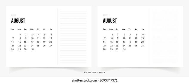 Planificador mensual de agosto de 2022, planificador de líneas, planificador de puntos, recordatorio, planificación, objetivos