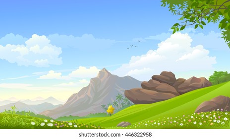 An august mountain touching the blue skies and overlooking vast serene green fields