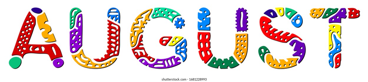 August. Multicolored bright contrast isolate inscription on white. Colored curves doodle letters. Summer month August for print on clothing, t-shirt, booklet, banner, flyer, card, bag. Stock picture.