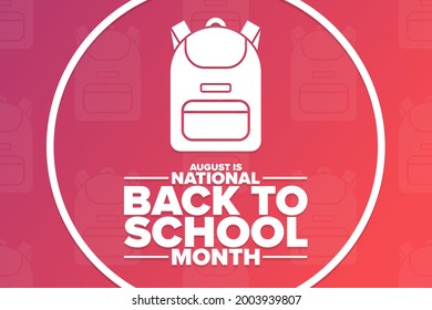 Agosto es el mes nacional de regreso a la escuela. Concepto de vacaciones. Plantilla para fondo, banner, tarjeta, afiche con inscripción de texto. Ilustración del vector EPS10
