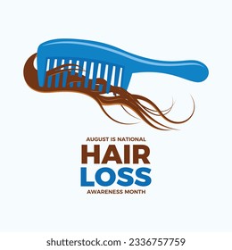 Agosto es una ilustración vectorial del Mes Nacional de Concienciación sobre la Pérdida del Pelo. Cinta azul con un bloqueo del vector del icono del cabello. Dibujo de Pérdida del Pelo. Día importante