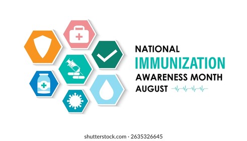 August Is National Immunization Awareness Month Protect Your Health with Vaccination. Medical concept. Stethoscope, Shield, syringe, heart, medicine, virus. Banner poster, flyer and background design.