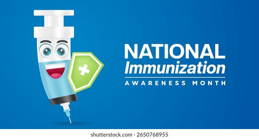 Mês Nacional de Conscientização sobre a Imunização, em agosto. Seringa e protetor. Adequado para cartazes, banners e mídias sociais. Fundo azul.