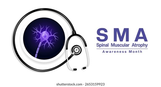 August is National Spinal Muscular Atrophy Awareness Month. Motor neuron and stethoscope. Perfect for posters, banners, and social media. White background.