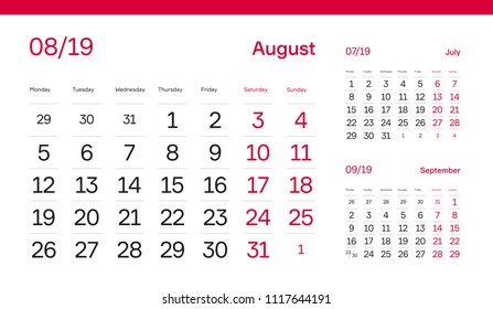 AUGUST PAGE. 12 Months Premium 2019 Calendar Grid Set. Table, Wall, Desk, Quarter Diary Calendar 2019 Year Design. Clean, Simple Diary Planner. Vector, Editable. White Background and Red Font.
