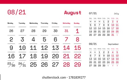AUGUST SEITE. 12 Monate Premium-2021 Kalender-Grid-Set. Der Quartalsschreibplan 2021. Tisch, Wand, Schreibtisch oder Viertel. Sauberes, einfaches Trio-Design. Vektorgrafik, Bearbeitbare Design-Vorlage.