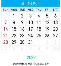August Planner Calendar 2022. Illustration of Calendar in Simple and Clean Table Style for Template Design on White Background. Week Starts on Sunday