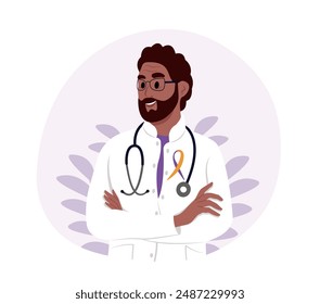 August is Psoriasis awareness month. A doctor in a white uniform with an awareness ribbon.
