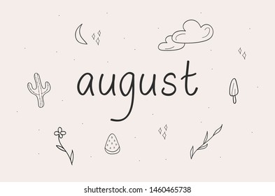 August set with cactus, flowers, watermelon slice, ice cream, clouds, moon and stars,