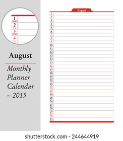 August sheet in an english 2015 Calendar with monthly planner
