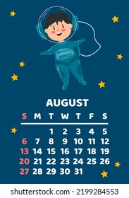 August. Space calendar planner 2023. Weekly scheduling, planets, space objects. Week starts on Sunday. Astronaut