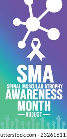 August is Spinal Muscular Atrophy sma Awareness Month portrait or vertical background template. Holiday concept. background, banner, placard, card, and poster design template with ribbon.