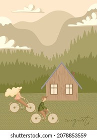 Agosto paisaje de verano con gente en bicicleta. Ilustración vectorial de calendario con vista de montañas 