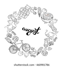 August. Summer pattern. Frame - wreath. Black and white background.