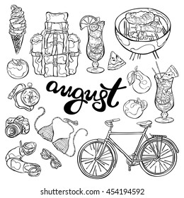 August. Summer Set: beachwear, bike, fruits and vegetables, cocktail, backpack and compass, camera and picnic. Isolated vector objects on white background. Picture for the calendar. Template.