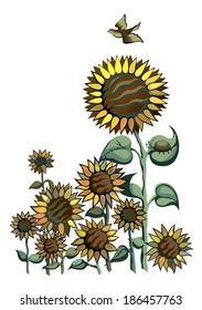 August sunflowers with a bird and a bug