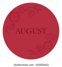 August text on red abstract background. Paper flowers.