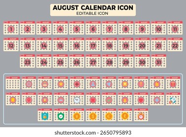 Ícones de calendário temático agosto com datas e símbolos representando eventos, design adaptável,