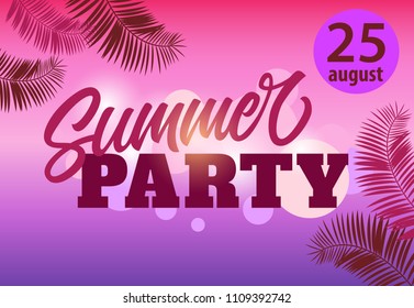 August twenty five, summer party, leaflet template with palm leaves on magenta and violet blurred background. Text can be used for banners, posters, flyers