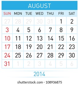 August Twenty-Fourteen. Calendar Month. Illustration on white background