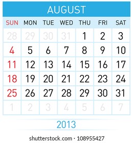 August Twenty-thirteen. Calendar Month. Illustration on white background