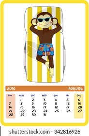 August. Vacation. Monkey on a lounge chair under palm trees. 2016 Calendar with cute monkey (2016 symbol) - holidays all year round.