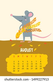 August. Vector calendar page with cute rat with harvest - Chinese symbol of 2020 year. Editable template A5, A4, A3 size, can be printed and used as a desk, table, wall calender for schedule and plans