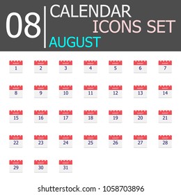 August Vector flat daily calendar icons set. Date and time, day, month. Holiday. Season.