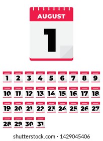 August. Vector flat daily calendar set. Icon. day, month, year.