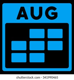 August vector icon. Style is flat symbol, blue color, rounded angles, black background.