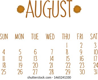Сalendar for august. Vector illustration. White background, gold, sun.