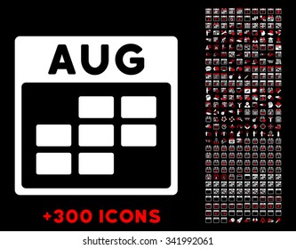 August vector pictogram with additional 300 date and time management icons. Style is bicolor flat symbols, red and white colors, rounded angles, black background.