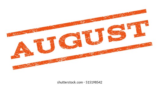 August watermark stamp. Text tag between parallel lines with grunge design style. Rubber seal stamp with scratched texture. Vector orange color ink imprint on a white background.