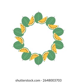 August watermelon frame. Autumn circle frame. Round border made of watermelon in green and orange. Vector flat isolated on white background.