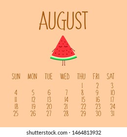 Сalendar for august with watermelon. Vector illustration. Background. A slice of watermelon. Tasty healthy seasonal summer fruit, vitamin