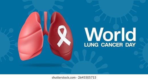 August is World Lung Cancer Day. Lung and ribbon. Suitable for posters, banners and social media. Blue background.