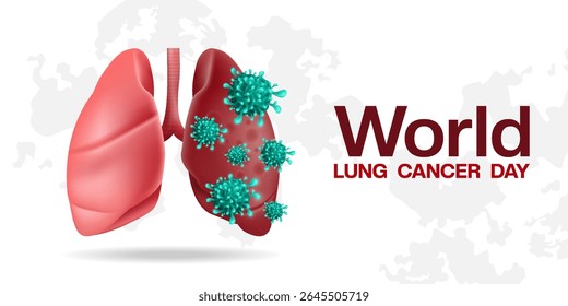 August is World Lung Cancer Day. Lung, virus and map. Suitable for posters, banners and social media. White background.