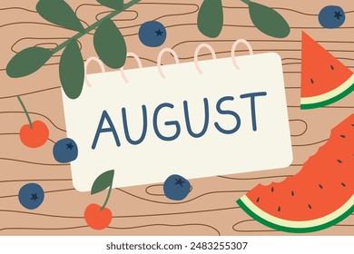 august written in a spiral notebook; summer vacation concept- vector illustration