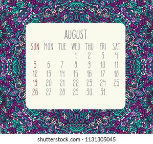 August year 2018 vector month calendar over lacy doodle hand drawn teal and purple background, week starting from Sunday.